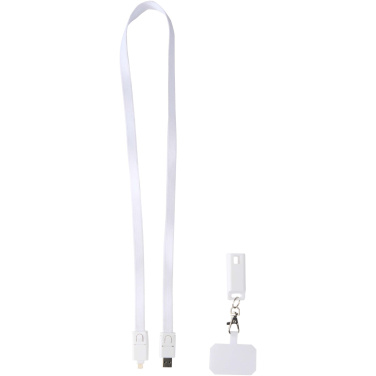 Logotrade Logogeschenke das Foto: Franz 5 in 1 Lanyard Kabel aus recyceltem Kunststoff für Smartphones mit integrierter Datensynchronisierung und 65 W Schnellladefunktion