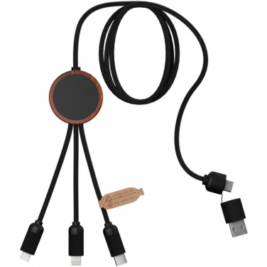 Logo trade advertising product photo of: SCX.design C37 5-in-1 rPET light-up logo charging cable with round wooden casing