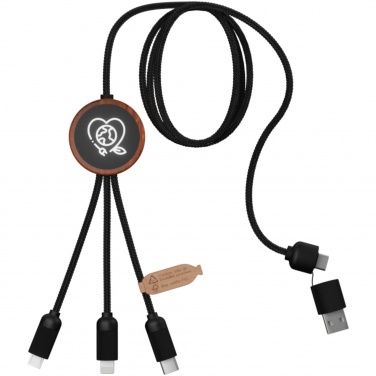 Logo trade business gifts image of: SCX.design C37 5-in-1 rPET light-up logo charging cable with round wooden casing