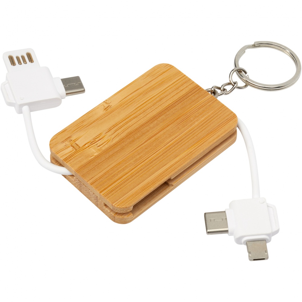 Logotrade promotional item picture of: Reel 6-in-1 retractable bamboo key ring charging cable
