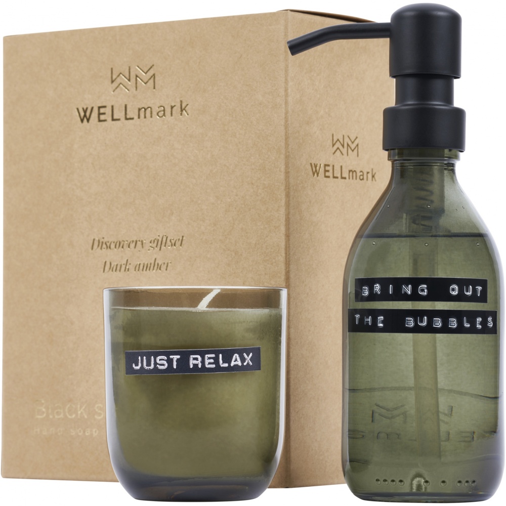 Logo trade advertising product photo of: Wellmark Discovery 200 ml hand soap dispenser and 150 g scented candle set - dark amber fragrance