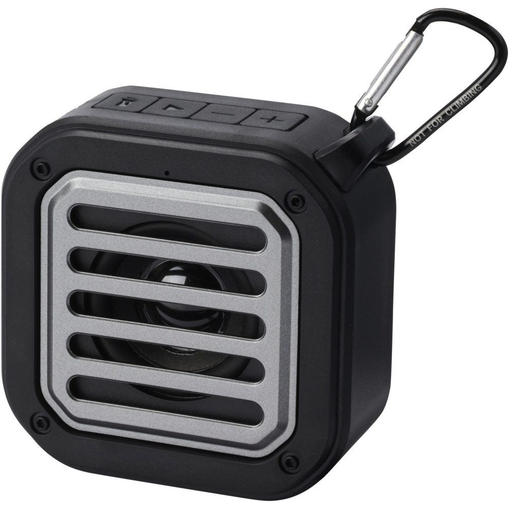 Logo trade promotional merchandise image of: Solo 3W IPX5 RCS recycled plastic solar Bluetooth® speaker with carabiner 