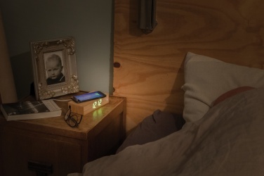 Logo trade promotional products picture of: Bamboo alarm clock with 5W wireless charger