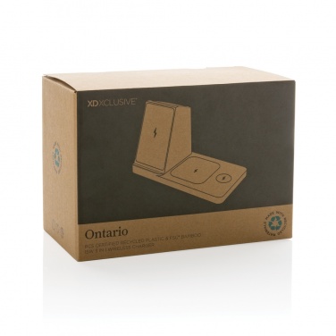 Logo trade corporate gift photo of: Ontario recycled plastic & bamboo 3-in-1 wireless charger
