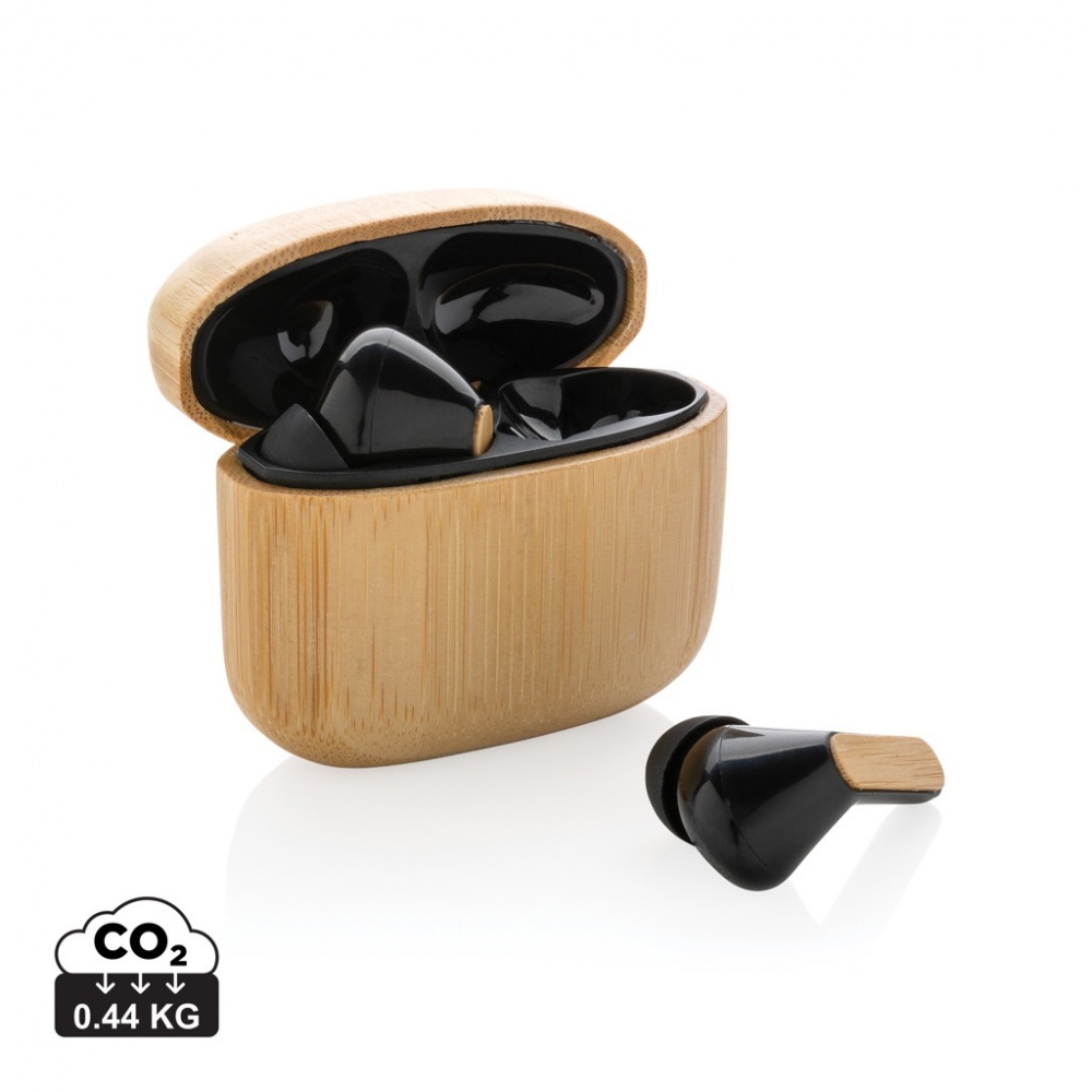 Logo trade promotional giveaways image of: Bamboo TWS earbuds with RCS recycled plastic