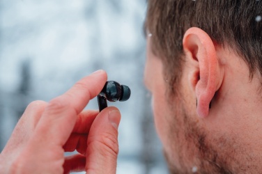 Logotrade promotional product picture of: Skywave RCS recycled plastic solar earbuds