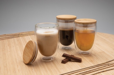 Logotrade promotional gift picture of: Double wall borosilicate glass with bamboo lid 350ml 2pc set