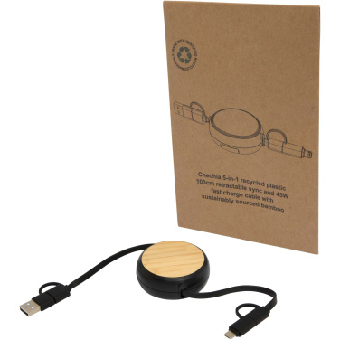 Logo trade advertising products image of: Chechia 5-in-1 recycled plastic 100 cm retractable data sync and 45W fast charge cable