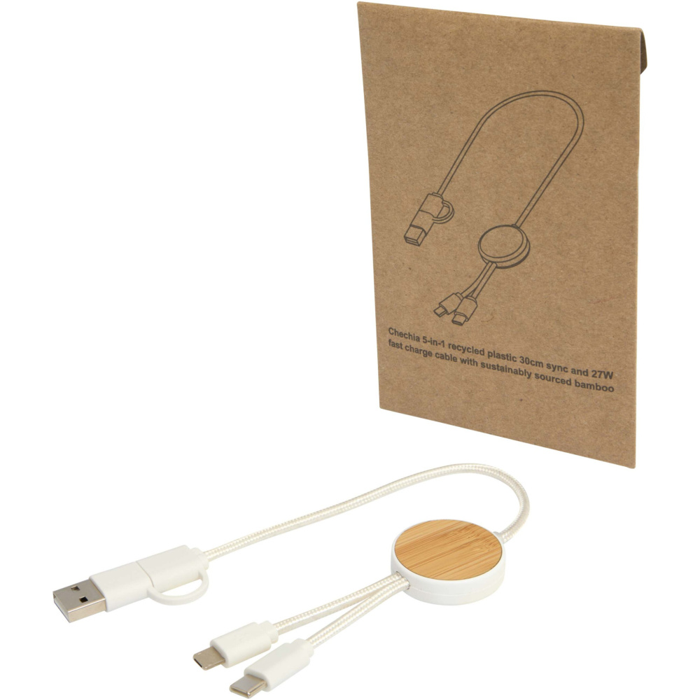 Logotrade corporate gift picture of: Chechia 5-in-1 recycled plastic 30 cm data sync and 27W fast charge cable with bamboo details