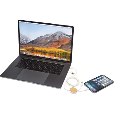 Logo trade corporate gifts image of: Chechia 5-in-1 recycled plastic 150 cm data sync and 27W fast charge cable with bamboo details