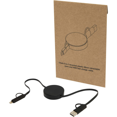 Logotrade promotional product image of: Citala 5-in-1 recycled plastic 90 cm retractable data sync and 40W fast charge cable