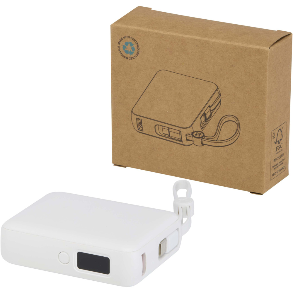 Logo trade mainostuotet tuotekuva: Acrux 10 000 mAh:n ja 35 W:n tablettivirtalähde, jossa sisäänrakennettu Type-C-kaapeli – valmistettu kierrätetystä muovista