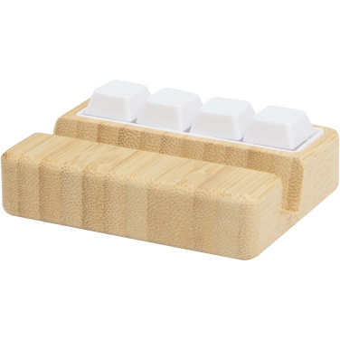 Logo trade mainoslahja ja liikelahja tuotekuva: Algol kierrätetystä muovista valmistettu puhelinjalusta ja hypistelylelu bambuyksityiskohdilla