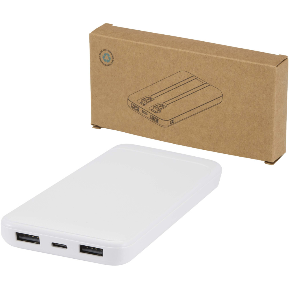 Logotrade verslo dovanos nuotrauka: „Adhil“ 10 000 mAh 10 W perdirbto plastiko išorinė baterija su 2 integruotais laidais