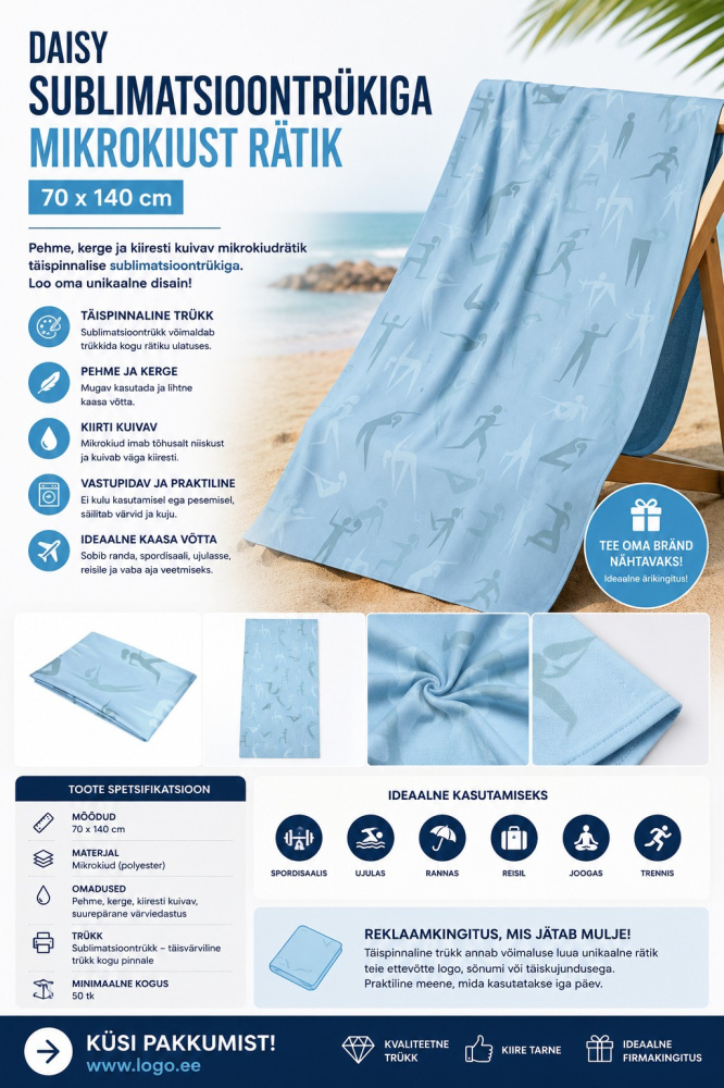 Logotrade verslo dovanos nuotrauka: Daisy mikropluošto rankšluostis su sublimacine spauda 70 × 140 cm